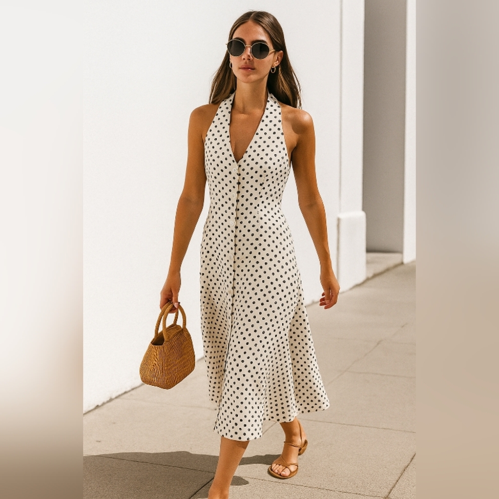 ZARA🐞Cream Linen Halter Neck Polka Dot Buttoned Midi Dress Sz:S